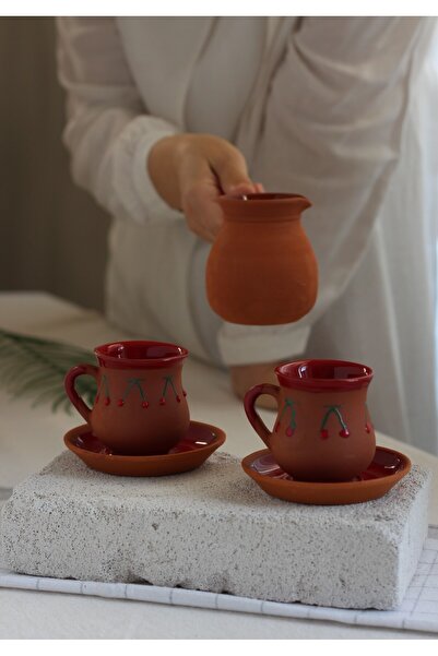Toprak Ürünler 2 Kişilik El İşçiliği Kiraz Desenli Toprak Fincan ve Cezve