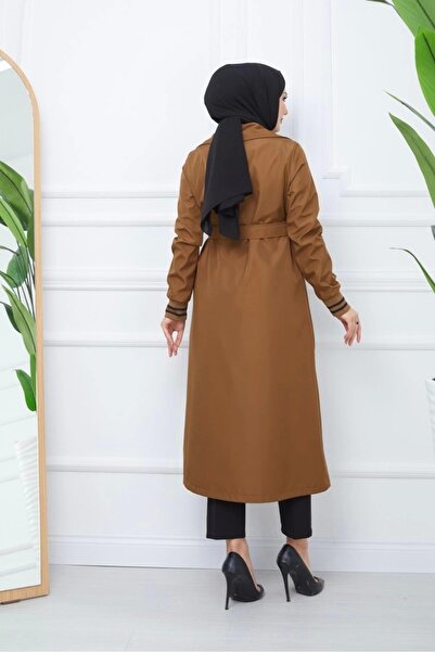 Nevayla Moda Bondit Kumaş Ribanalı Uzun Boy Trençkot / Kahverengi - M0110