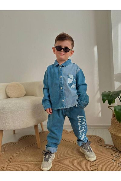 Karan Kids Boy's Printed Denim Shirt and Pantalon Set of 2