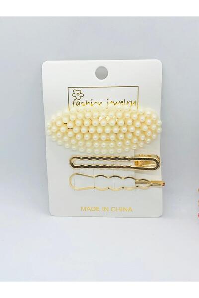 İnDerin Set de 3 agrafe de păr cu perle de culoare aurie - Accesoriu cu închi...