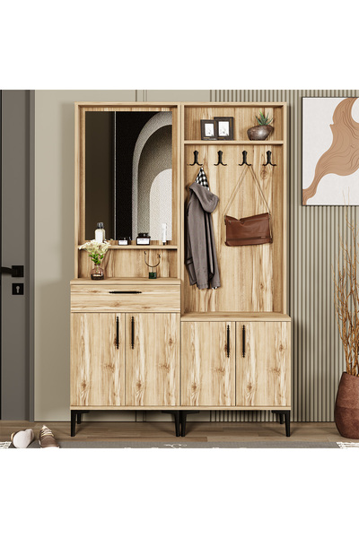 Kalender Dekor SEZEN-1-2 Aynalı Çekmeceli Portmanto Ayakkabılık Vestiyer