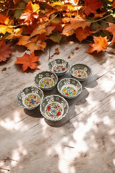 Salizera Handmade Kutahya Authentic Patterned Tile Ceramic Bowl Set (8cm - 6 Pieces) -Dustpan Jam Bowl