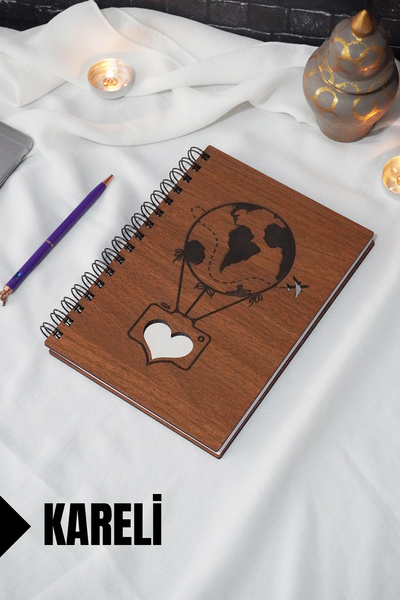 markcat Flying Balloon Themed Checked Notebook with Wooden Cover - Agenda/Sch...