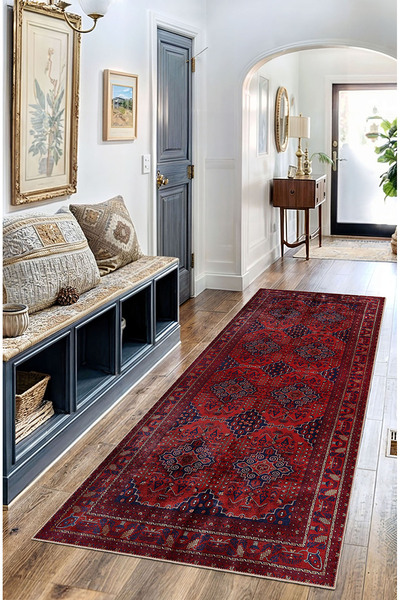 BigArts Home Vintage Şark Desenli Salon Mutfak Halısı Yolluk ve Yuvarlak Kaym...