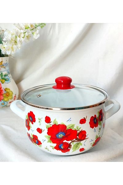 EBRULİEMAYE Gelincik Enamel Deep Pot 4.8 Liter 24 cm Diameter Milk Yogurt Soup Pot