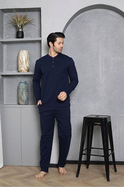 wear treasure Ανδρικό σετ πιτζάμες με μακρυμάνικο γιακά με κουμπιά 100% βαμβακερό εποχιακό πλεκτό χτενισμένο βαμβάκι