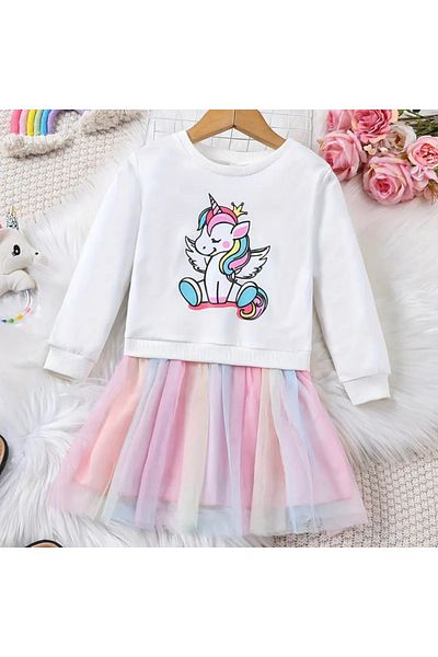 darko Unicorn White Sweatshirt - Printed Tutu - Φόρεμα με φούστα - Sweat φόρεμα - Rainbow Girl