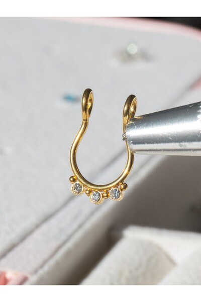 MORNEVA Deliksiz Çelik Sıralı Taşlı Sıkıştırma Fake Septum Burun Piercingi (A...