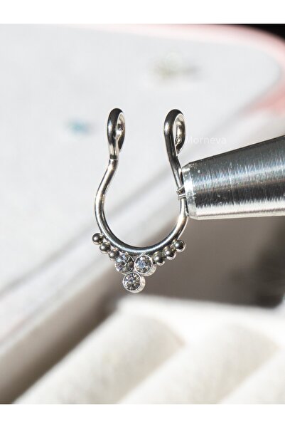 MORNEVA Deliksiz Çelik Çapraz Taşlı Sıkıştırma Fake Septum Burun Piercingi (G...