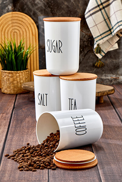 MODA OZY 4-Piece Wooden Vacuum Lid with Transfer Label Acrylic (Plastic)Tea/Sugar/Coffe/Salt Jar 900ml