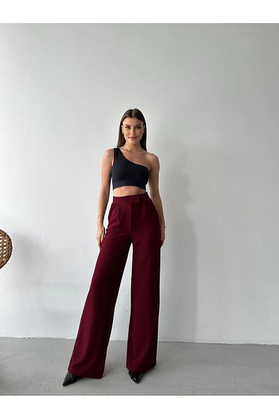 Plenty Women's Claret Red Zipper and Rock Closure Palazzo Fabric Pants