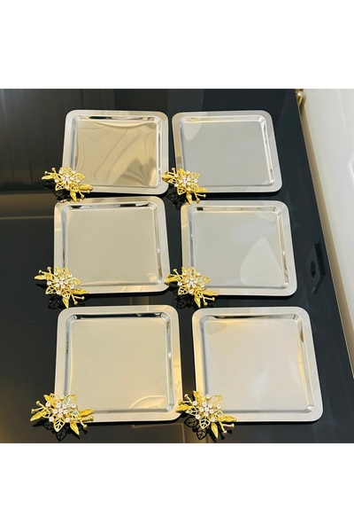 USD HOME 6 lı çift dal taşlı papatya aksesuarlı  çelik kare çay kahve sunum servis tepsisi