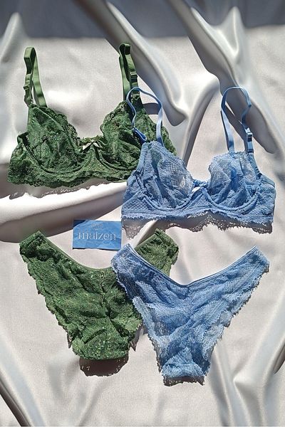 MAİZEN Women's Unpadded Gathering 2-Piece Green Blue Lace Bra Set