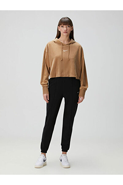 Nike Sportswear Kadın Kahverengi Kadife Crop Kapüşonlu Sweatshirt
