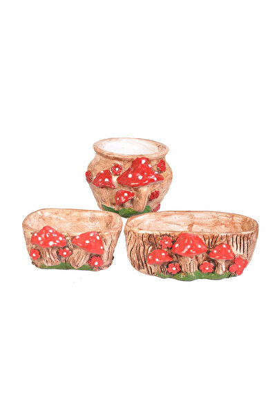 SAMESA HEDİYELİK DEKORATİF 3 LÜ RETRO MANTAR SUKULENT VE KAKTÜS SAKSI SETİ, S...