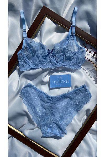 MAİZEN Women's Unpadded Gathering 2-Piece Green Blue Lace Bra Set