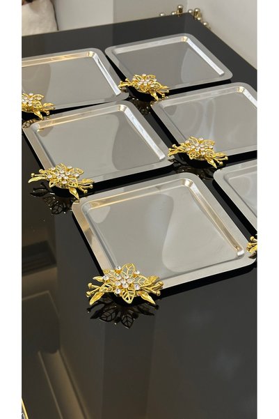 USD HOME Steel Square Tea Coffee Presentation Serving Tray with 6 Double Branches Stones Daisy Accessories