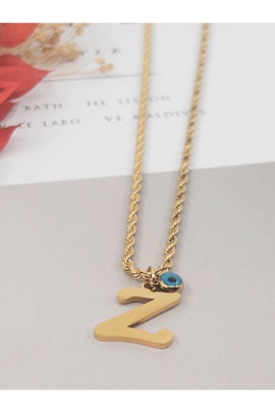 Siya Silver 316L  Kararmaz Çelik Gold Renk Nazar Boncuklu  Uzun Burgu Zincirli Harfli Kadın Kolye