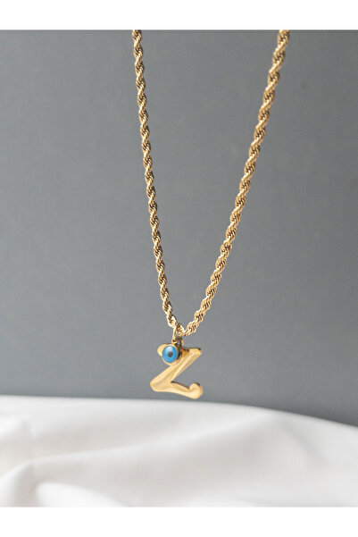 Siya Silver 316L  Kararmaz Çelik Gold Renk Nazar Boncuklu  Uzun Burgu Zincirli Harfli Kadın Kolye