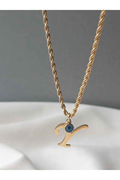 Siya Silver 316L Kararmaz Çelik Gold Renk Nazar Boncuklu  Uzun Burgu Zincirli...