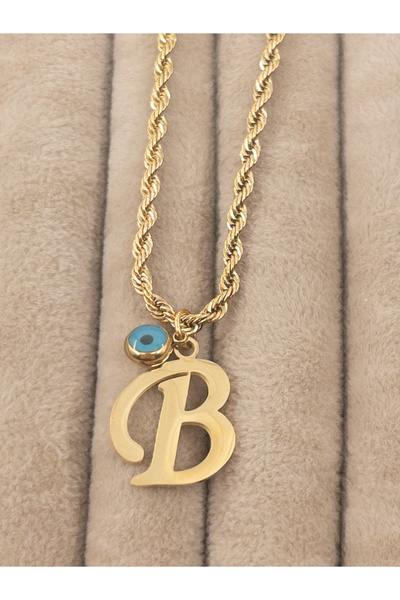 Siya Silver 316L  Kararmaz Çelik Gold Renk Nazar Boncuklu  Uzun Burgu Zincirli Harfli Kadın Kolye