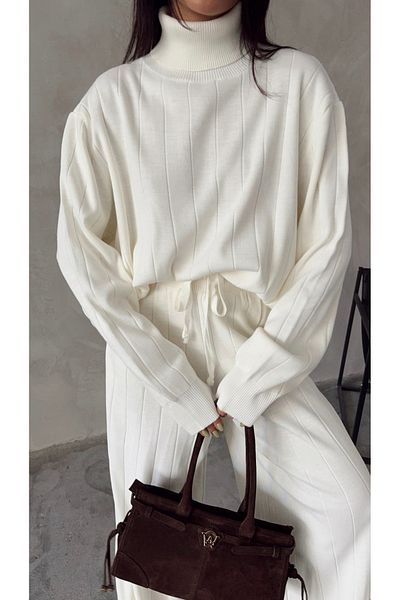 Aten Turtleneck Corduroy Patterned Knitwear Sweater and Pants Set