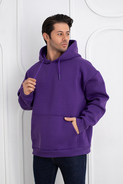 TEVOOY UNISEX OVERSİZE KAPŞONLU KANGURU  CEPLİ 3İPLİK ŞARDONLU ÖRME KUMAŞ SWE...
