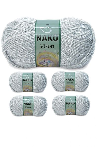 NAKO Mink Premium 5 Pieces Acrylic Hand Knitting - Floss Wool, Light Gray Melange Color No:195