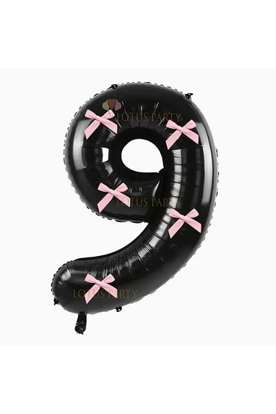 LOTUS PARTY Black Number Balloon with Pink Ribbon - Black Number Pink Bow Balloon 1 Year Old
