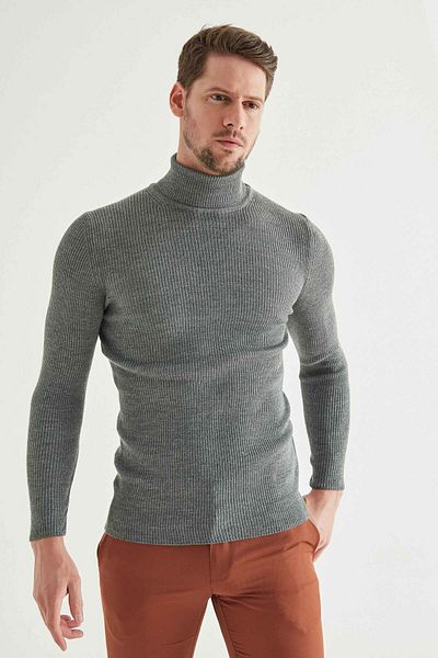 Twn Πλεκτό πουλόβερ Slim Fit Grey Rib Knit Half Fisherman