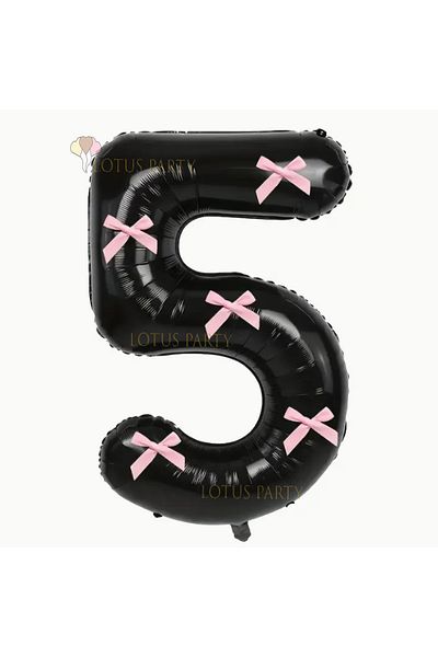 LOTUS PARTY Black Number Balloon with Pink Ribbon - Black Number Pink Bow Balloon Age 5