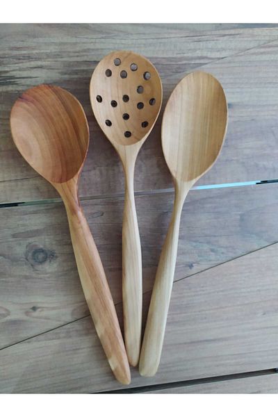 ncy Handmade Wooden Cherry Wood Wooden Spoon Colander Set with Olive Pattern 3 Pieces 30 cm