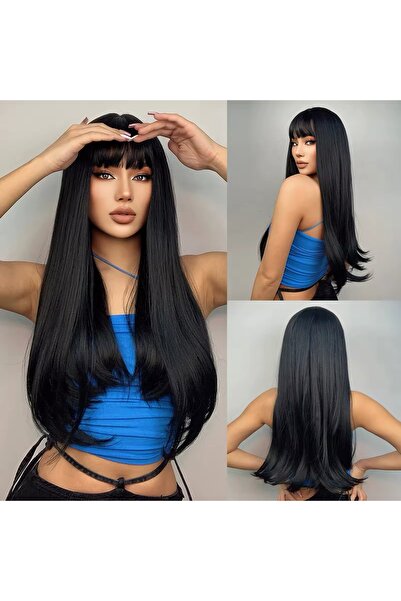 Fenomen Peruk Siyah Perçemli Düz Vip Peruk- Gerçek Saç Dokusunda