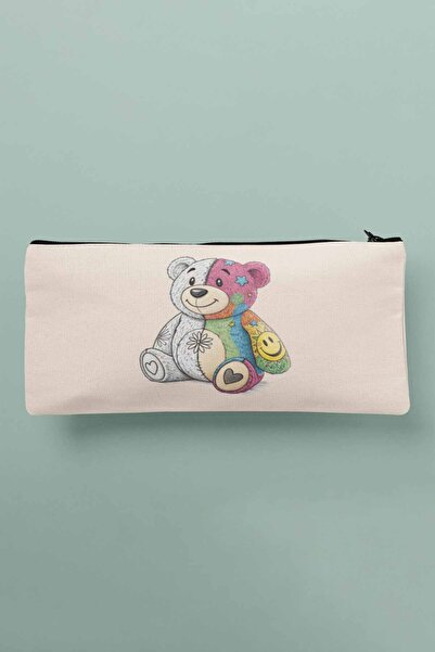 qoeuyl boutique حقيبة مكياج ملونة مطبوعة على شكل دمية دب أسود - محفظة حامل قلم