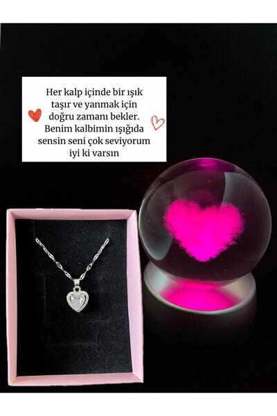 Sepetten Eve Beyaz Kalpli Çelik Kolye Aşk Küresi Kar Küresi Işıklı Küre 14 şu...