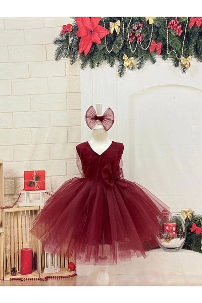 Nissa Burgundy Girl's Dress with Zero Sleeves