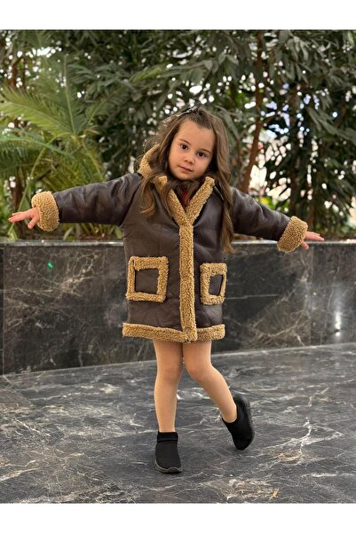 meqlife Çocuk Kapüşonlu İçi Yün Deri Mont Unisex
