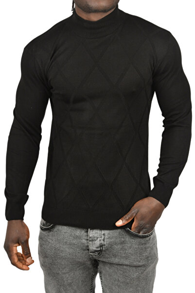 DeepSEA Pulover pentru bărbați, negru, cu model diamant, pe jumătate cu gât ț...