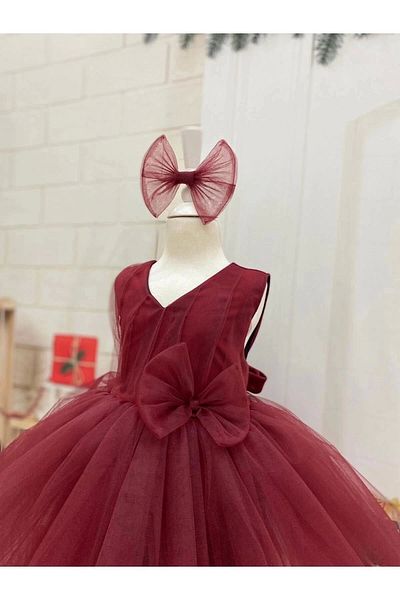 Nissa Burgundy Girl's Dress with Zero Sleeves