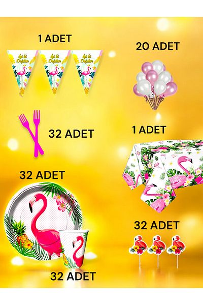VibeHome Flamingo Themed L Pack for 32 - Birthday Party and Fun Events