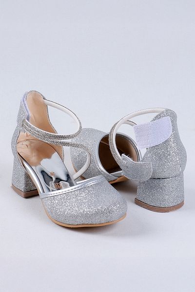 NS Little Girls' High Heel Shoes-Ankle Velcro, Easy Wear-Rhinestone, Glittery Children's Evening Dress Shoes