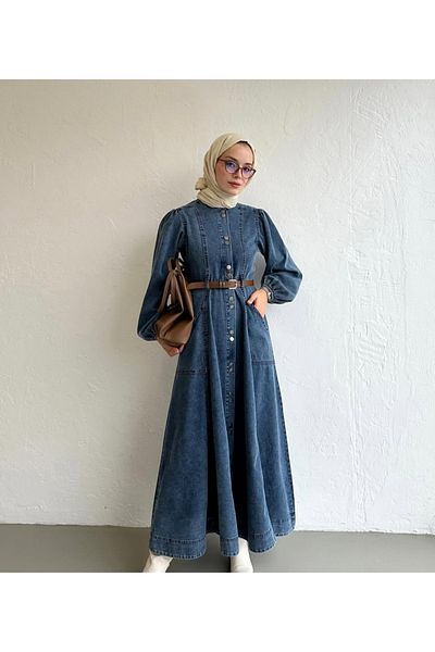 OlaLady Rochie de damă, cu detaliu cu nasturi, cu centură din piele, blugi hidžáb