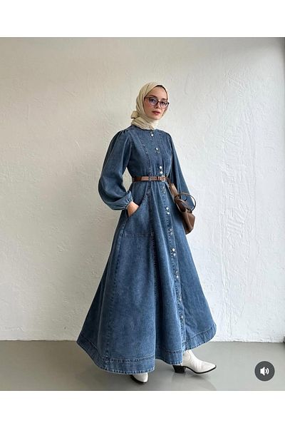 OlaLady Rochie de damă, cu detaliu cu nasturi, cu centură din piele, blugi hidžáb