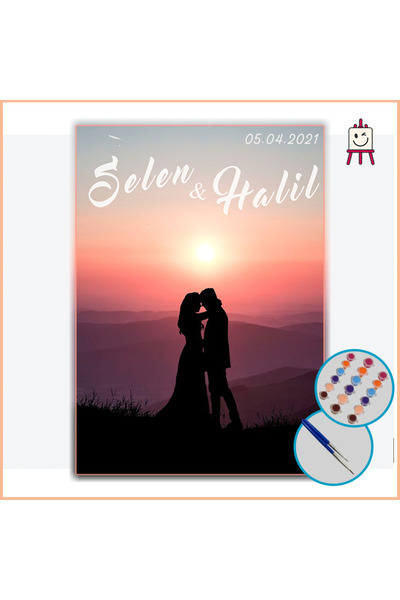 Tuval İSİM/TARİH DETAYLI -SEVGİLİLER GÜNÜ TEMALI 25X35 SAYILARLA BOYAMA SETİ - TUVAL, FIRÇA, BOYA DAHİL