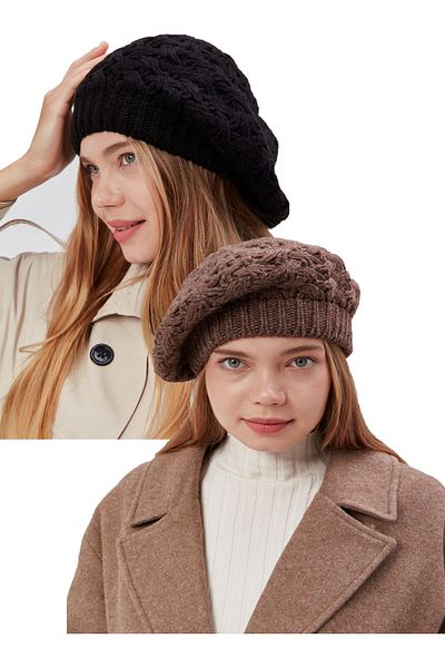 derikem 2-Piece Women's Winter Stylish Knitwear Painter Knitted Beret 2 Pieces