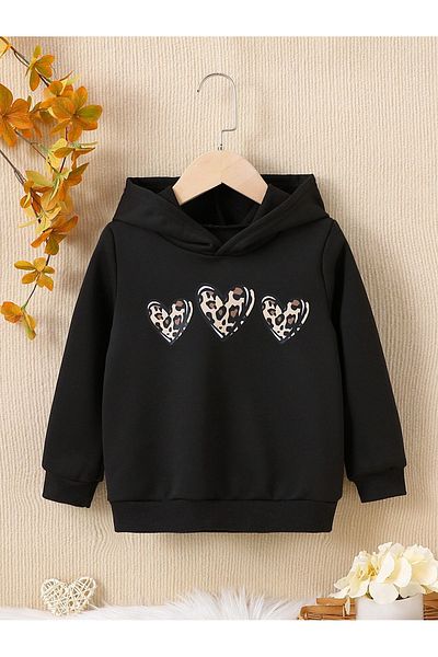 DUBU BUTİK Heart Printed Leopard Cotton Kids Sweatshirt - Black Hooded Winter