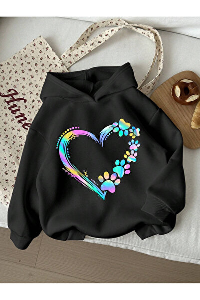 DUBU BUTİK Детски памучен суитшърт с шарка на сърце - черен принт, за момичет...