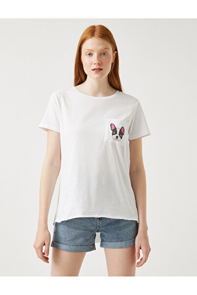 Koton Dámské OFF WHITE tričko s krátkým rukávem s potiskem a výstřihem z bavlny