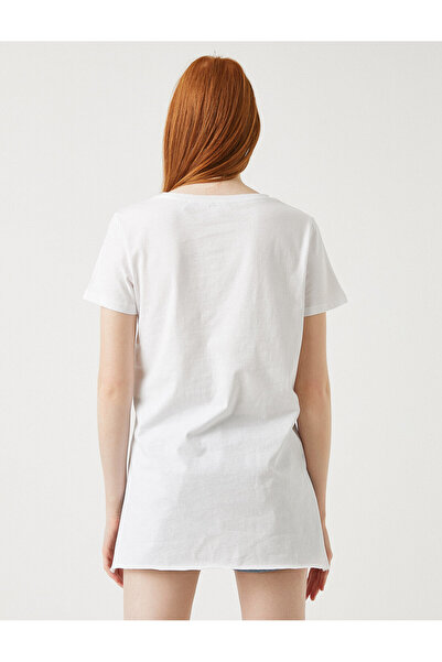 Koton Dámské OFF WHITE tričko s krátkým rukávem s potiskem a výstřihem z bavlny