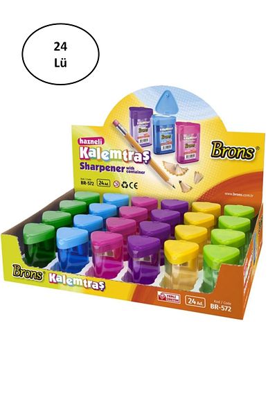 Brons Br-572 Model Triangle Patterned Pencil Sharpener with Tank - Mixed Color 24 Pieces